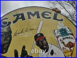 Large Vintage Camel Tobacco Cigarette Porcelain Metal Station Sign Hank Aaron
