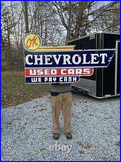 Large Vintage Chevrolet Ok Used Cars Double Sided Metal Sign 58 Inch Chevy Sign