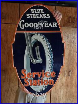 Large Vintage Goodyear Tire Service Station Porcelain Metal Heavy Die-cut Sign