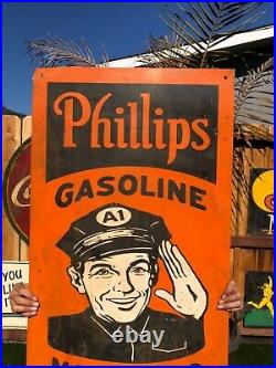 Large Vintage Metal Phillips Gasoline Mechanic Service Sign