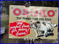 Large Vintage Osoko Dog Food Porcelain Enamel Metal Pet Sign Bull Dog