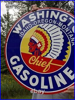 Large Vintage Washington Chief Gasoline Motor Oils Porcelain Gas Pump Metal Sign