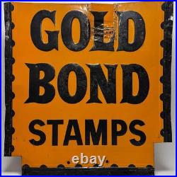 Large Vintage We Give Gold Bond Stamps Metal Sign Advertising Embossed Tin Stout