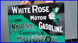Large Vintage White Rose Gasoline Motor Oil Porcelain Metal Gas Station Sign