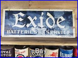 Large Vintage original Exide Batteries Gas Station 40 Embossed Metal Sign