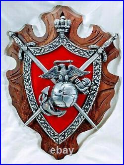 Large Vtg Us Marines Corps Eagle Globe & Anchor Wood & Metal Shield Plaque 26x19