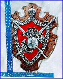 Large Vtg Us Marines Corps Eagle Globe & Anchor Wood & Metal Shield Plaque 26x19