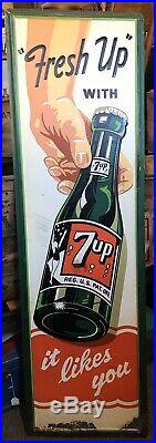 Lg Vintage 1950s Fresh Up 7up Soda Pop 54 Embossed Metal Sign Rare Size Swimsuit