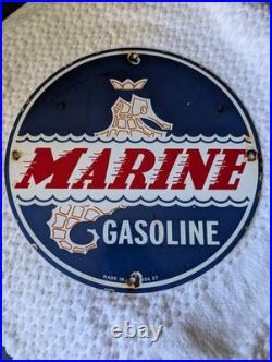 Marine Gasoline Porcelain 12 Vintage Gas Station Sign 1957 Man Cave Garage boat