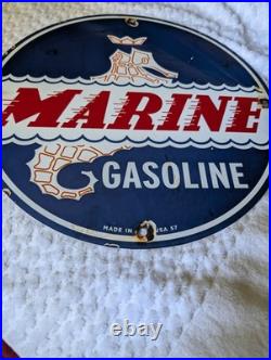 Marine Gasoline Porcelain 12 Vintage Gas Station Sign 1957 Man Cave Garage boat