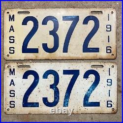 Massachusetts 1916 license plate pair 2372 blue white low number shorty Model T