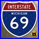 Michigan_Interstate_route_69_highway_marker_road_sign_Lansing_Flint_1957_18x18_01_kcj