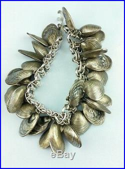 NAPIER Seashell Charm Bracelet Vintage 1960s Signed Clam Oyster Shell Silvertone