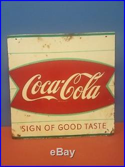 Neat VTG 1950s Original Coca-Cola Fishtail Soda advertising 2 Sided Metal Sign
