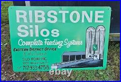 ORIGINAL Vintage Hand Painted RIBSTONE SILOS 36 x 25 Metal Advertising FARM Sign