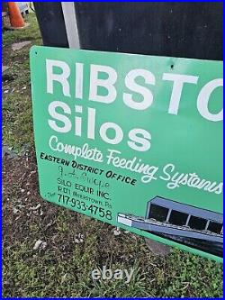 ORIGINAL Vintage Hand Painted RIBSTONE SILOS 36 x 25 Metal Advertising FARM Sign