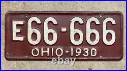 Ohio 1930 license plate E 66 666 five sixes white maroon embossed triple 6 devil