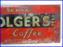 Old Antique Vintage 1930s FOLGER'S COFFEE ART DECO TIN METAL ADVERTISING SIGN