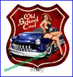 Old School Cool Vintage Car & Girl Cutout Shape Metal Sign, 2 Sizes, Garage Art