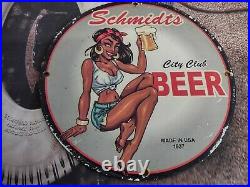 Old Vintage 1937 Schmidt's City Club Beer Porcelain Heavy Metal Bar Sign Brewery
