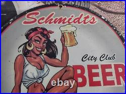 Old Vintage 1937 Schmidt's City Club Beer Porcelain Heavy Metal Bar Sign Brewery