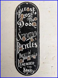 Old Vintage 1938 Bicycle Please Close Door Porcelain Metal Sign