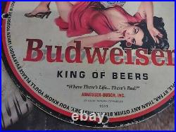 Old Vintage 1953 Budweiser Beer Porcelain Heavy Metal Bar Sign Brewery