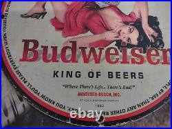 Old Vintage 1953 Budweiser Beer Porcelain Heavy Metal Bar Sign Brewery