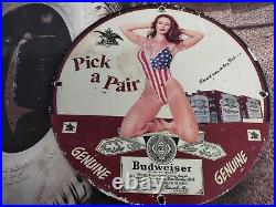 Old Vintage Budweiser Beer Pick A Pair Porcelain Heavy Metal Bar Sign Brewery