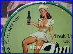 Old Vintage Dated 1936 7 Up Soda Pop Beverage Metal Porcelain Gas Station Sign
