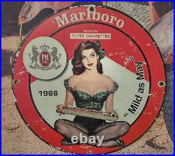 Old Vintage Dated 1966 Marlboro Cigarettes Porcelain Metal Advertising Sign