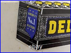 Old Vintage Delco Battery Porcelain Metal Die Cut Sign Batteries