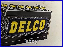 Old Vintage Delco Battery Porcelain Metal Die Cut Sign Batteries