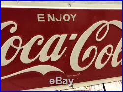 Old Vintage Enjoy Coca Cola Metal Sign 24x10 Embossed AM 2 8 Soda Pop