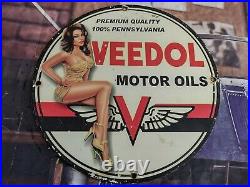 Old Vintage Old Veedol Motor Oil Gasoline Porcelain Metal Gas Station Pump Sign
