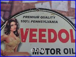 Old Vintage Old Veedol Motor Oil Gasoline Porcelain Metal Gas Station Pump Sign