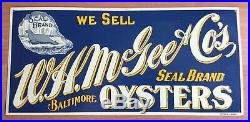 Old Vtg Wh Mr Mcgee & Co Seal Brand Baltimore Oyster Desperate Sign Metal 15 X 7