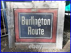 Old vintage Burlington Route railroad metal train sign