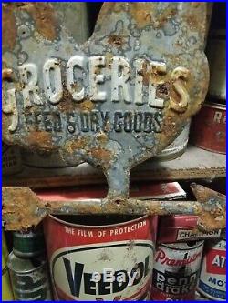Old vintage grocery feed dry goods metal sign gas station farm general store