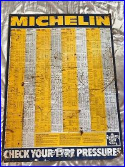 Original Old Vintage Michelin Metal Rusted Sign Car Garage Tyre Pressure Chart