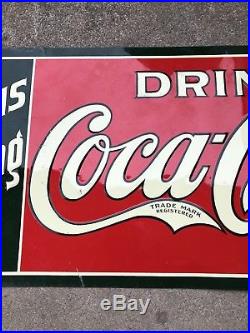 Original Vintage 1940s Coca Cola Embossed Metal Sign Drink Coca Cola