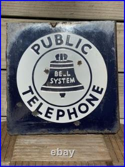 Original Vintage Bell System Public Telephone 2 Side Flange Metal Porcelain Sign
