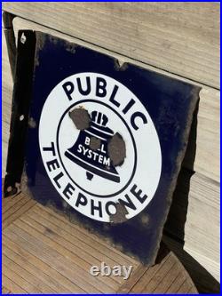Original Vintage Bell System Public Telephone 2 Side Flange Metal Porcelain Sign