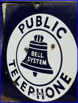 Original Vintage Bell System Public Telephone 2 Side Flange Metal Porcelain Sign