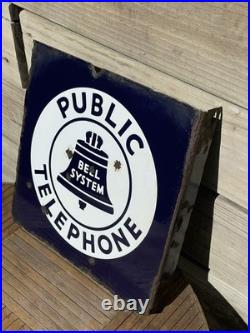 Original Vintage Bell System Public Telephone 2 Side Flange Metal Porcelain Sign