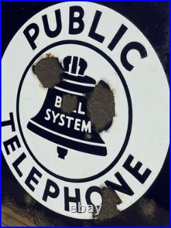 Original Vintage Bell System Public Telephone 2 Side Flange Metal Porcelain Sign
