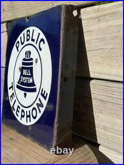 Original Vintage Bell System Public Telephone 2 Side Flange Metal Porcelain Sign