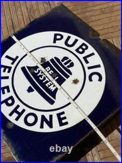 Original Vintage Bell System Public Telephone 2 Side Flange Metal Porcelain Sign