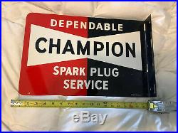 Original Vintage Double Sided Flange Champion Spark Plug Metal Sign