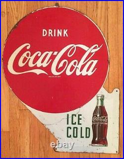 Original Vintage Double Sided Metal Coke Coca-Cola Flange Sign Ice Cold